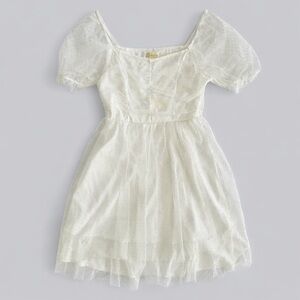 Altar'd State White Lace Swiss Dot Puff Sleeve Mini Dress w/ Shimmering Silver